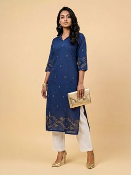 VISMAY - Women Blue Cotton Straight Embroidered Kurti