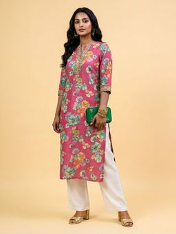 VISMAY - Women Pink Viscose Straight Floral Kurti
