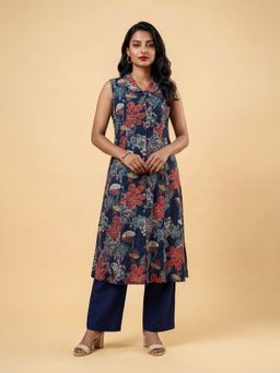 VISMAY - Women Teal Viscose Flared Floral Kurti