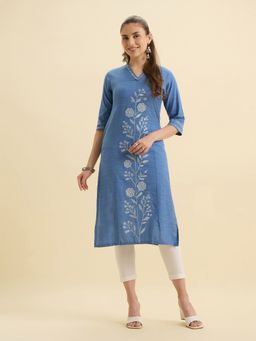 VISMAY - Women Blue Cotton Straight Floral Kurti