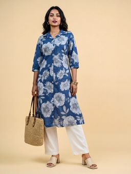 VISMAY - Women Blue Cotton Straight Floral Kurti
