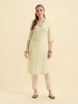 VISMAY - Women Yellow Viscose Straight Embroidered Kurti