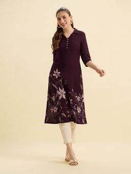VISMAY - Women Wine Viscose Flared Floral Kurti