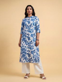 VISMAY - Women White Cotton Straight Floral Kurti