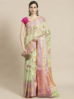Banarasi Silk Works - Matka Woven Saree Green with Unstitched Blouse