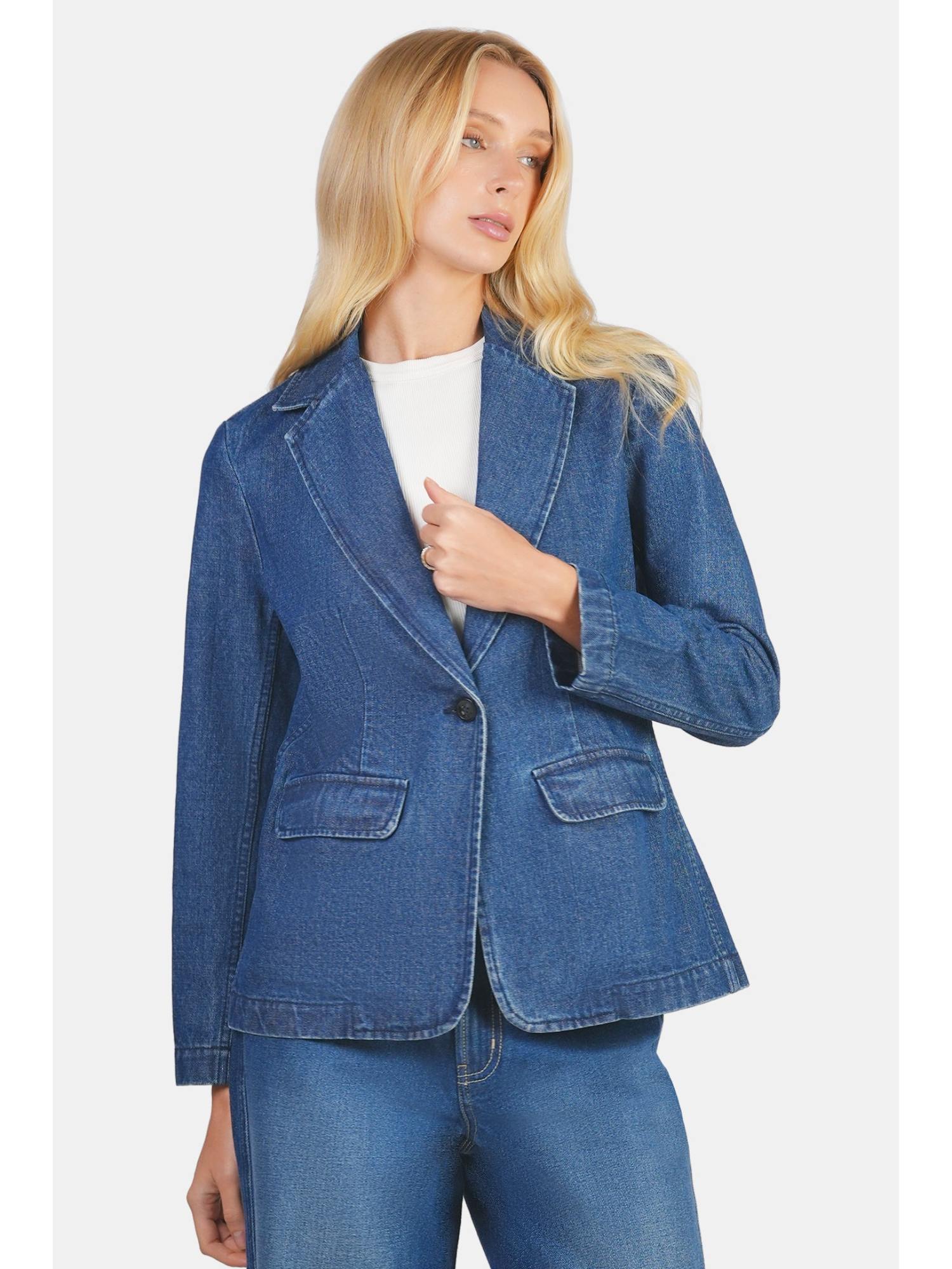 Solid Cotton Single Breasted Denim Blazer-image-27