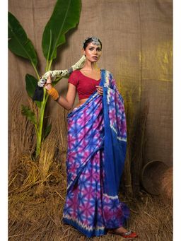 Unnati Silks - Multi Pure Shibori Printed Superfine Mulmul Blue Saree With Unstitched Blouse
