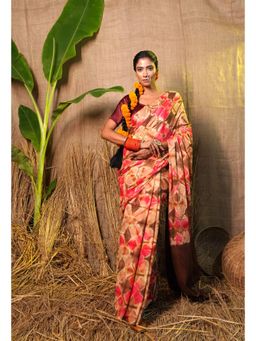 Unnati Silks - Multi Pure Shibori Printed Superfine Mulmul Brown Saree With Unstitched Blouse