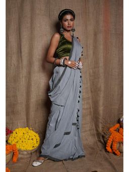 Unnati Silks - Grey Pure Plain Cotton Linen Saree With Unstitched Blouse