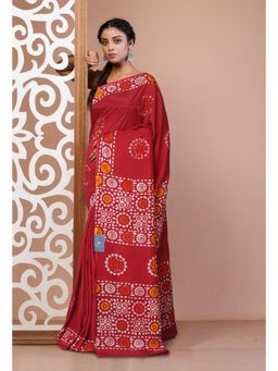 Unnati Silks - Red Pure Hand Block Wax Batik Printed Soft Silk Saree With Unstitched Blouse