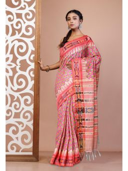 Unnati Silks - Pink Pure Hand Block Printed Vidarbha Tussar Silk Saree With Unstitched Blouse