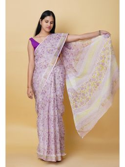 Unnati Silks - Pastel Lavender Pure Hand Block Printed Kota Saree With Unstitched Blouse