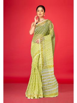 Unnati Silks - Pastel Green Pure Hand Block Printed Kota Saree With Unstitched Blouse