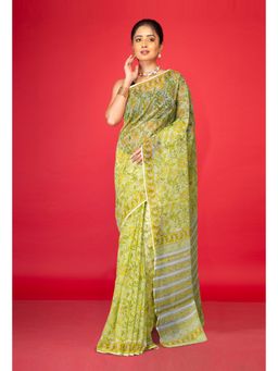 Unnati Silks - Pastel Green Pure Hand Block Printed Kota Saree With Unstitched Blouse