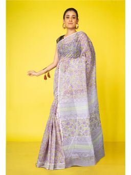 Unnati Silks - Pastel Lavender Pure Hand Block Printed Kota Saree With Unstitched Blouse