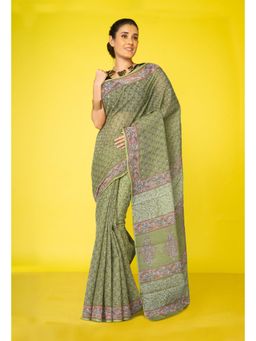Unnati Silks - Green Pure Hand Block Printed Kota Saree With Unstitched Blouse