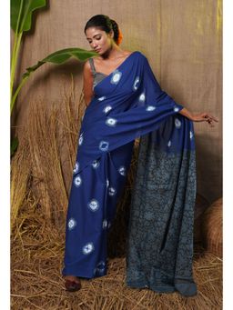 Unnati Silks - Navy Blue-Black Pure Bandhani Block Printed Soft Cotton Saree With Unstitched Blouse