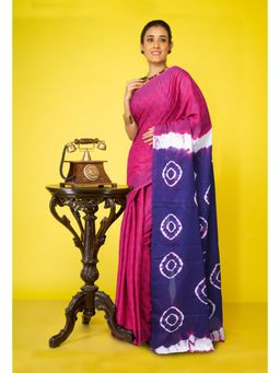Unnati Silks - Pink-Navy Blue Tie And Dye Shibori Block Printed Saree With Unstitched Blouse