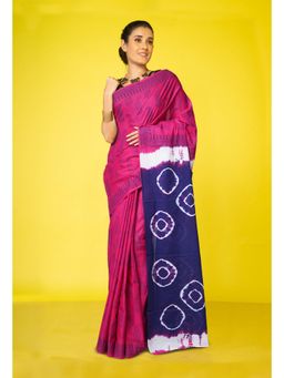 Unnati Silks - Pink-Navy Blue Tie And Dye Shibori Block Printed Saree With Unstitched Blouse