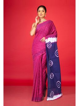 Unnati Silks - Pink-Navy Blue Tie And Dye Shibori Block Printed Saree With Unstitched Blouse