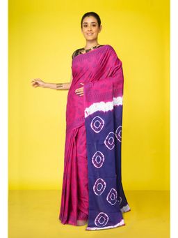 Unnati Silks - Pink-Navy Blue Tie And Dye Shibori Block Printed Saree With Unstitched Blouse