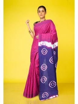 Unnati Silks - Pink-Navy Blue Tie And Dye Shibori Block Printed Saree With Unstitched Blouse