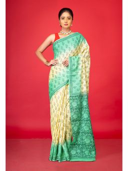 Unnati Silks - Cream-Green Pure Block Printed Soft Cotton Saree With Unstitched Blouse