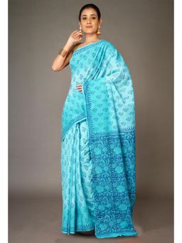 Unnati Silks - Blue Pure Block Printed Soft Cotton Saree With Unstitched Blouse