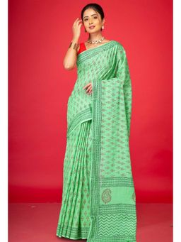 Unnati Silks - Green Pure Block Printed Soft Cotton Saree With Unstitched Blouse