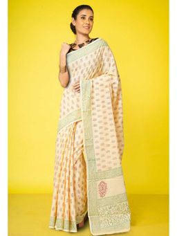 Unnati Silks - Cream Pure Block Printed Soft Cotton Saree With Unstitched Blouse