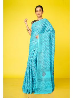 Unnati Silks - Blue Pure Block Printed Soft Cotton Saree With Unstitched Blouse