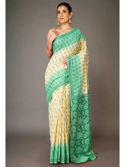 Unnati Silks - Cream-Green Pure Block Printed Soft Cotton Saree With Unstitched Blouse
