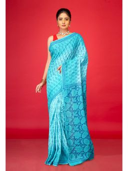 Unnati Silks - Blue Pure Block Printed Soft Cotton Saree With Unstitched Blouse
