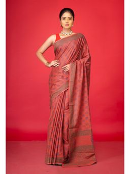 Unnati Silks - Brown Pure Block Printed Soft Cotton Saree With Unstitched Blouse