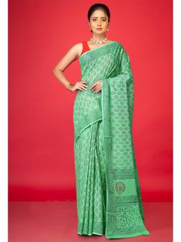 Unnati Silks - Green Pure Block Printed Soft Cotton Saree With Unstitched Blouse