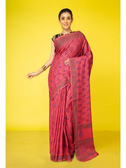 Unnati Silks - Red Pure Block Printed Soft Cotton Saree With Unstitched Blouse