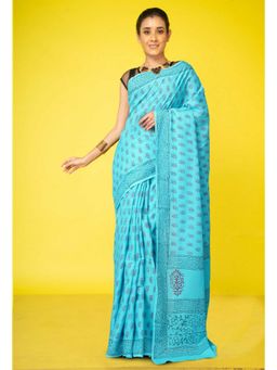 Unnati Silks - Blue Pure Block Printed Soft Cotton Saree With Unstitched Blouse
