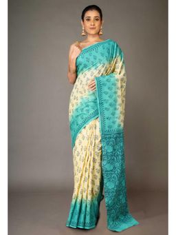 Unnati Silks - Cream-Blue Pure Block Printed Soft Cotton Saree With Unstitched Blouse