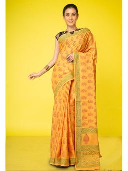 Unnati Silks - Mustard Pure Block Printed Soft Cotton Saree With Unstitched Blouse