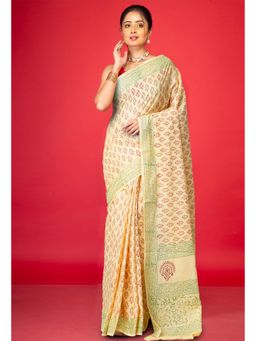 Unnati Silks - Cream Pure Block Printed Soft Cotton Saree With Unstitched Blouse