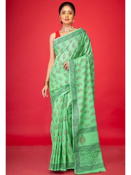 Unnati Silks - Green Pure Block Printed Soft Cotton Saree With Unstitched Blouse