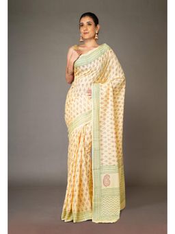 Unnati Silks - Cream Pure Block Printed Soft Cotton Saree With Unstitched Blouse
