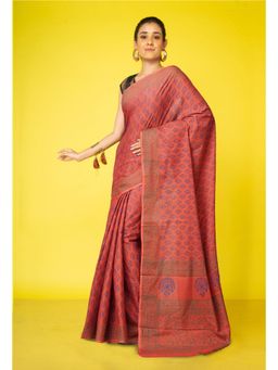 Unnati Silks - Brown Pure Block Printed Soft Cotton Saree With Unstitched Blouse