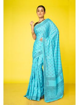 Unnati Silks - Blue Pure Block Printed Soft Cotton Saree With Unstitched Blouse