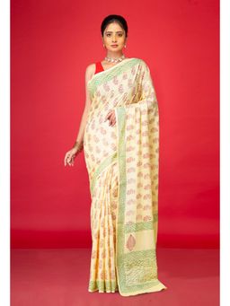 Unnati Silks - Cream Pure Block Printed Soft Cotton Saree With Unstitched Blouse