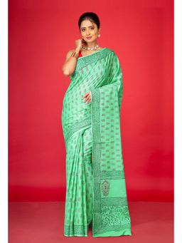 Unnati Silks - Green Pure Block Printed Soft Cotton Saree With Unstitched Blouse