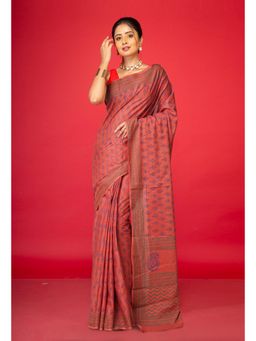 Unnati Silks - Brown Pure Block Printed Soft Cotton Saree With Unstitched Blouse