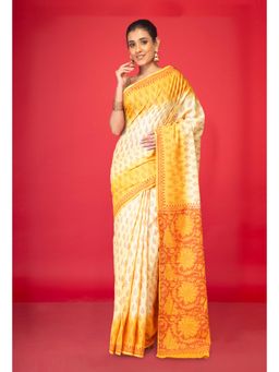 Unnati Silks - Cream-Orange Pure Block Printed Soft Cotton Saree With Unstitched Blouse