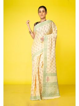 Unnati Silks - Cream Pure Block Printed Soft Cotton Saree With Unstitched Blouse