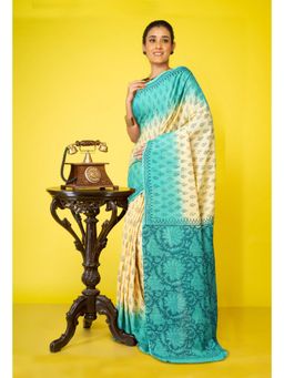 Unnati Silks - Cream-Blue Pure Block Printed Soft Cotton Saree With Unstitched Blouse